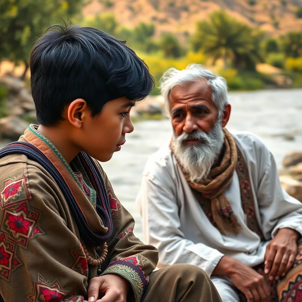 A young Moroccan boy, Aoudis, with short black hair, wearing a colorful traditional outfit, sitting by a river with his grandfather, listening intently, rich greenery in the background, warm light, heartwarming, storytelling theme, high quality