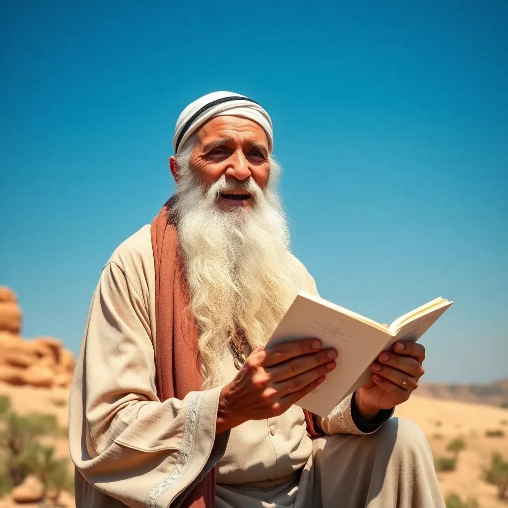 A wise Moroccan elder, Aoudis's grandfather, with a long white beard and wearing a traditional djellaba, animatedly sharing stories under a clear blue sky, vibrant landscape, engaging atmosphere, high quality