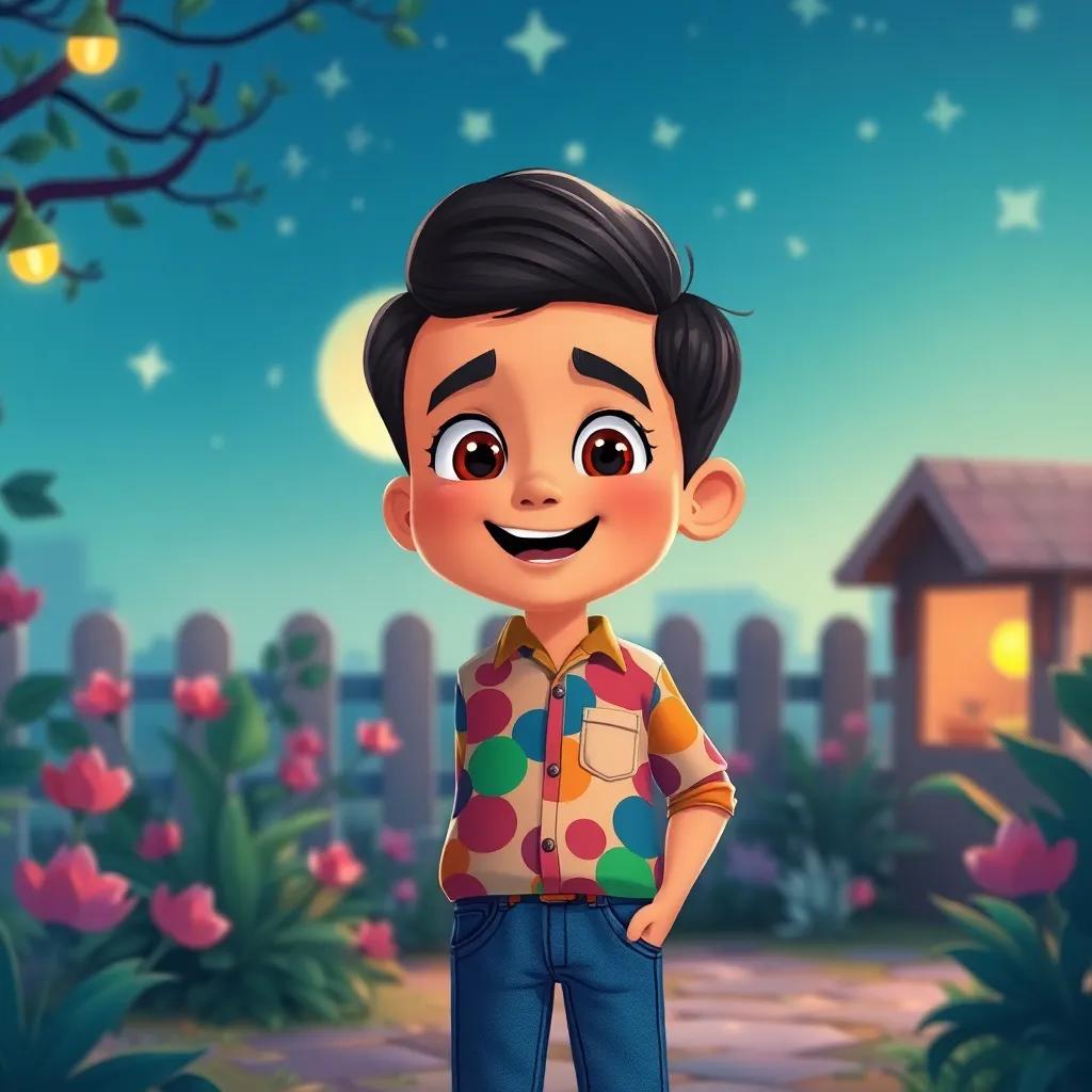A young Arab boy, Ayman, with short dark hair, wearing a colorful shirt and jeans, looking excited in a moonlit garden, stars twinkling above, illustration, playful, cheerful ambiance, child-friendly, high quality.