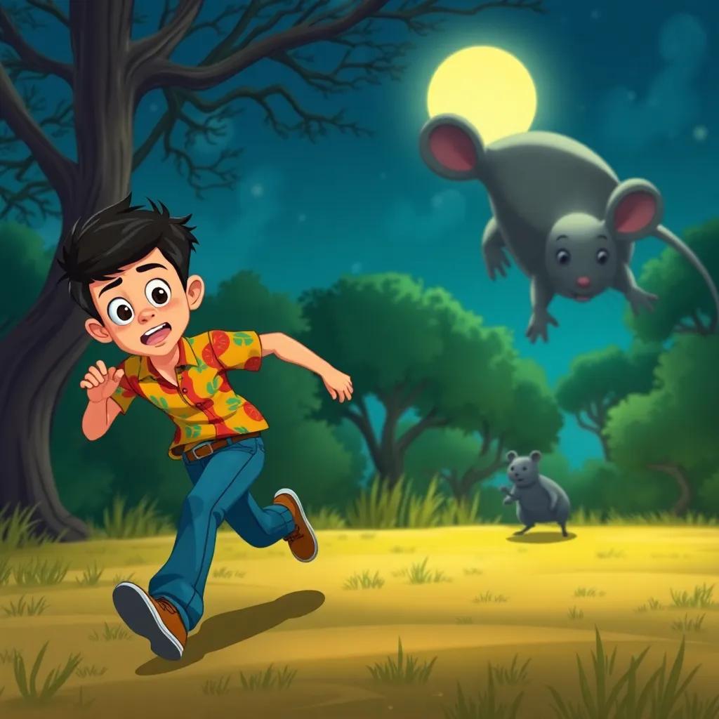 Ayman, a young Arab boy, with short dark hair in a colorful shirt and jeans, running in fear as a giant mouse chased him, night setting with trees and glowing moonlight, comic style, bright colors, high quality, dynamic and engaging.