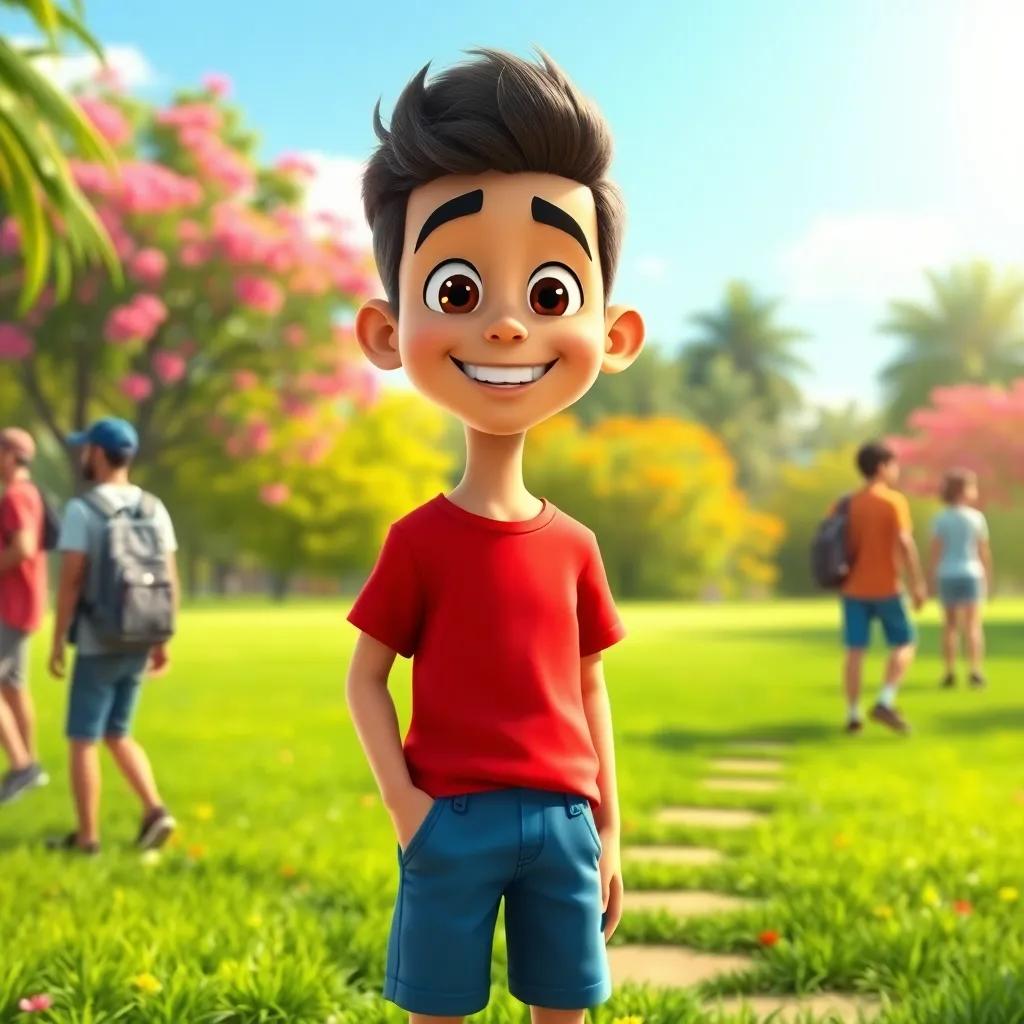 A boy named Ayman, cheerful Arab boy, wearing a red t-shirt and blue shorts, standing in a lush green park with friends, bright sunny day, colorful, vibrant nature, digital art, engaging