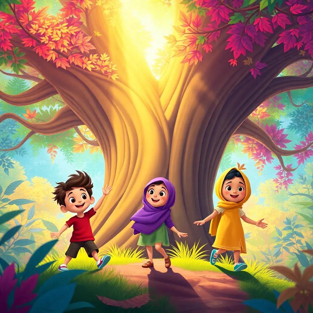 Three friends, Ayman, Shifa, and Duaa, exploring a large magical tree in a vibrant forest, colorful leaves and sunlight filtering through, excitement and wonder, illustration, cheerful, adventure-themed