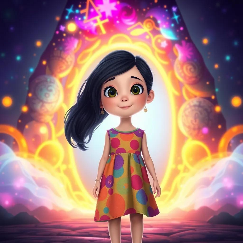 A brave girl, إسلامية, with dark hair and wearing a colorful dress, standing in front of a magical glowing portal surrounded by vibrant colors, digital art, bright and cheerful, enchanting atmosphere, high quality