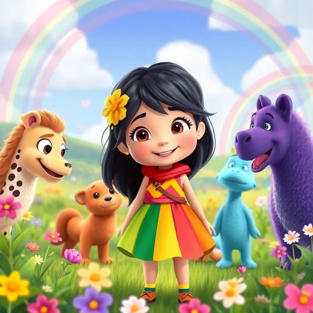 إسلامية, a brave girl with dark hair in a colorful dress, meeting unique friends who are different colors, in a bright and colorful landscape with flowers and rainbows, illustration, joyful scene, child-friendly, engaging perspective