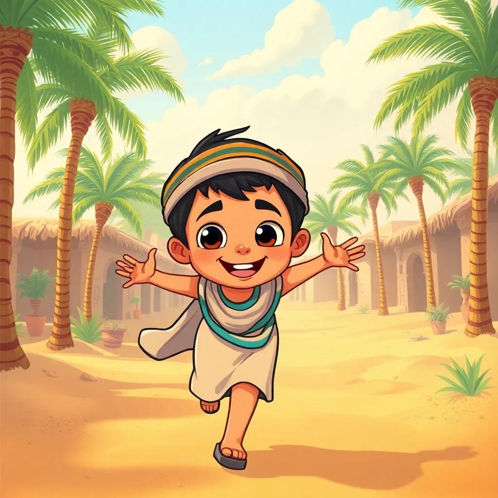 A young Egyptian boy, إيجيا, with bright curious eyes and a big smile, running joyfully in an ancient village filled with palm trees and sand, colorful, cheerful atmosphere, playful scene, high quality