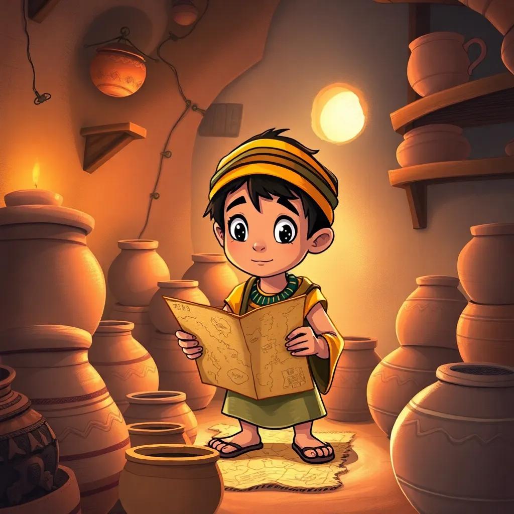 A curious Egyptian boy, إيجيا, finding an old map in a pottery workshop, surrounded by clay pots and a warm, inviting light, detailed, adventure-themed, heartwarming