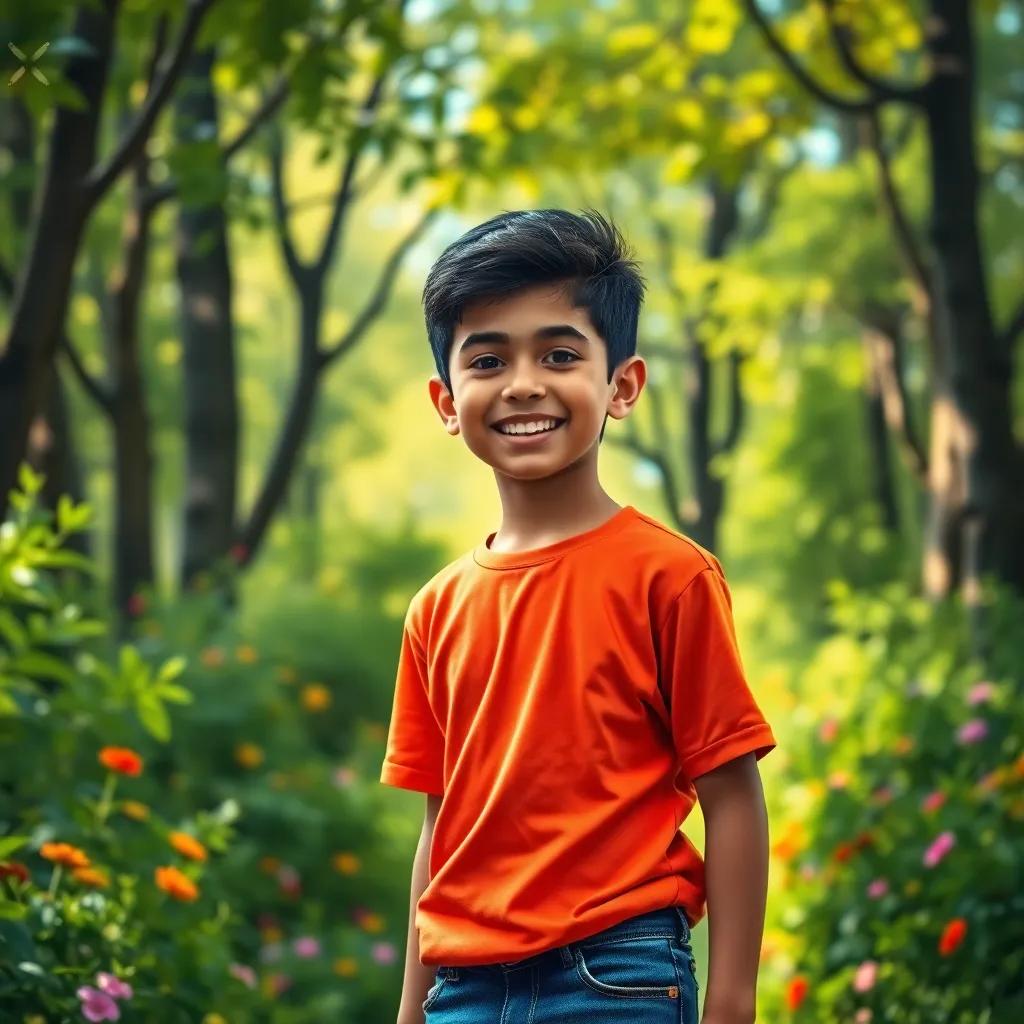 A young Arab boy, Osama, with short black hair, wearing a bright t-shirt and jeans, standing in a lush green forest with trees and flowers around him, smiling and looking excited, digital art, vibrant colors, cheerful atmosphere, high quality