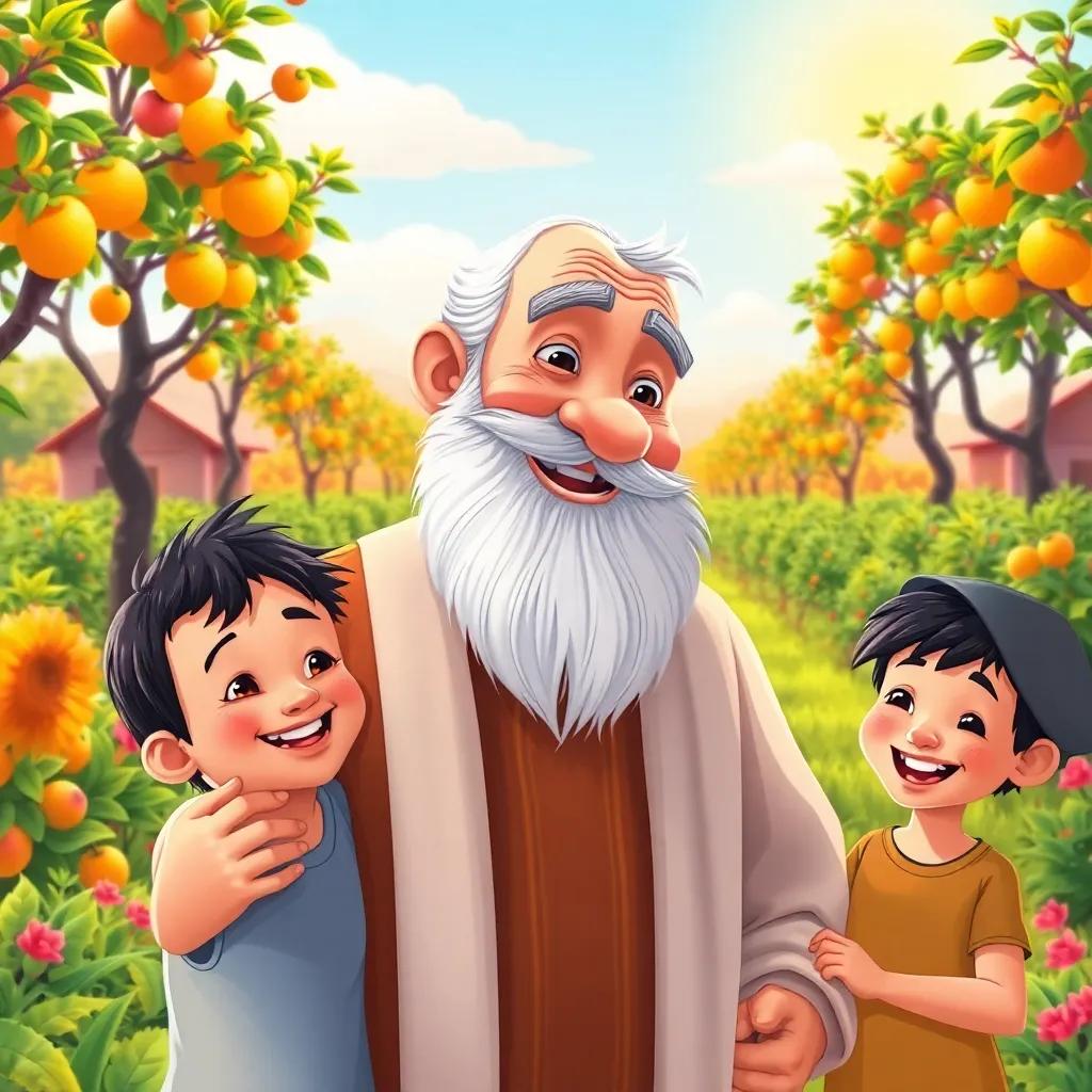 A wise grandfather with a beard, wearing a traditional thawb, smiling at his three grandchildren in a colorful farm, surrounded by fruit trees and sunny sky, illustration, vibrant colors, cheerful atmosphere, high quality