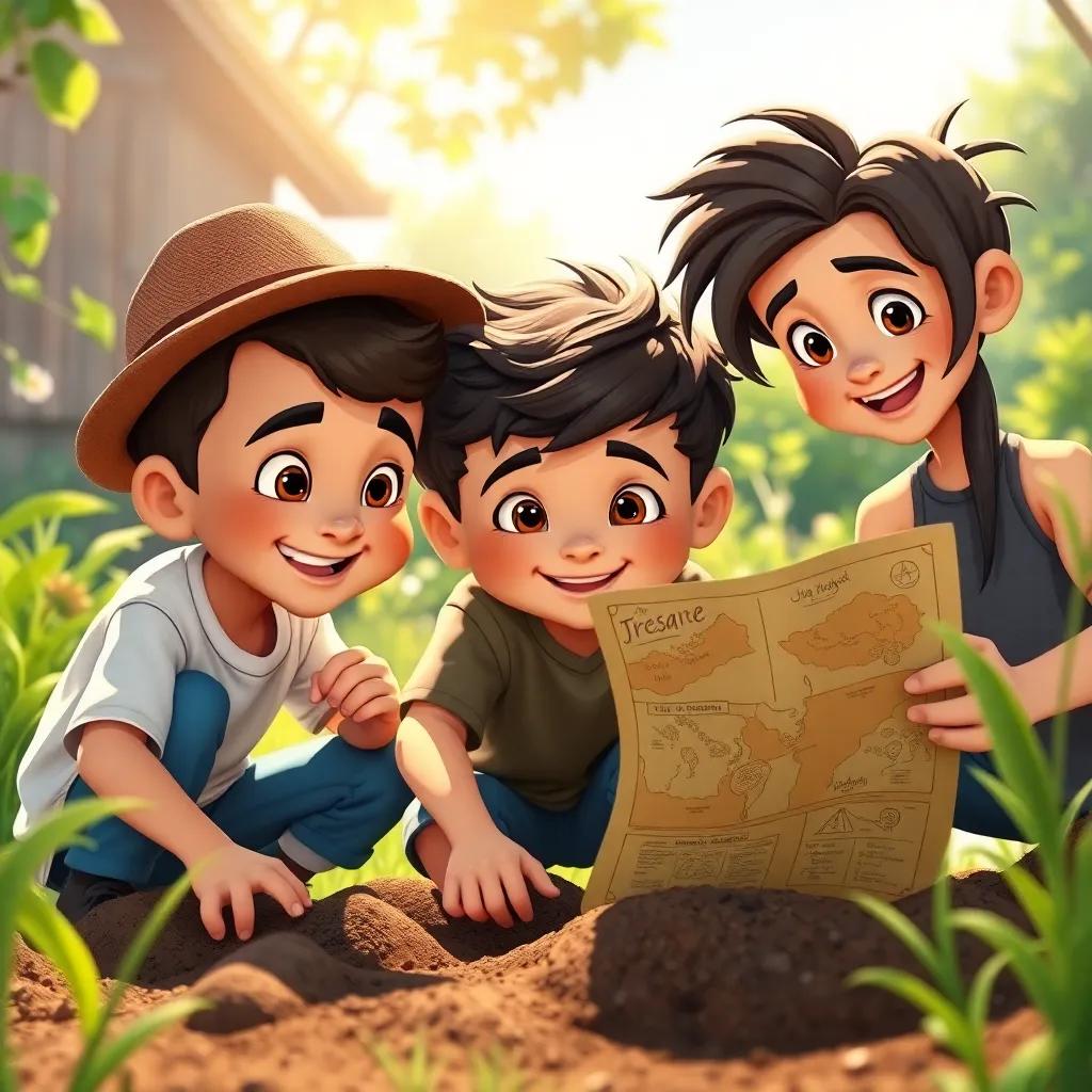 Three boys, Mohammed with short hair, wearing a hat, Ali with curly hair in a t-shirt, and Hasan with long hair holding a treasure map, excitedly digging in the garden under the sunlight, playful mood, child-friendly, digital art, captivating visuals, high quality