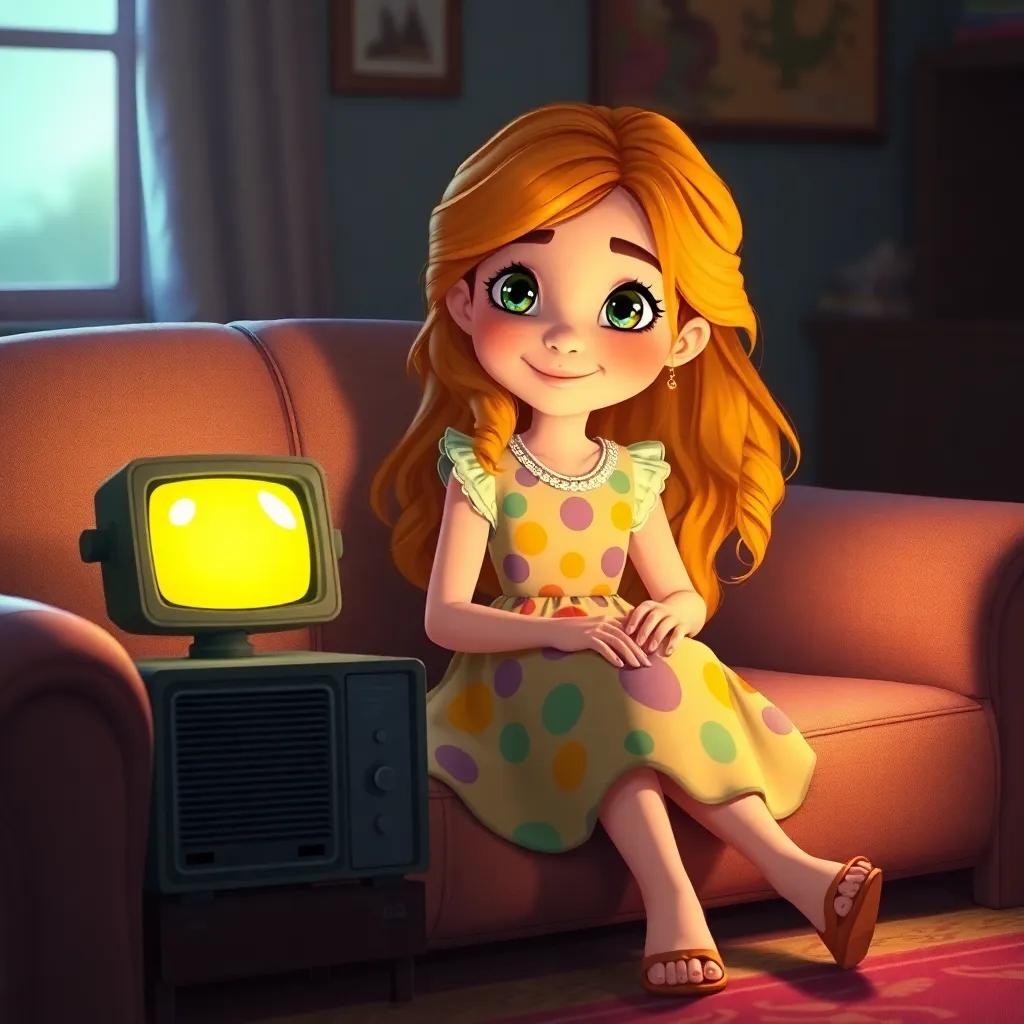 A young girl, Leila, with long, sun-like hair wearing a colorful dress, sitting on a vintage couch with an old electronic device glowing beside her, illustration, vibrant colors, child-friendly atmosphere, inviting and adventurous, high quality