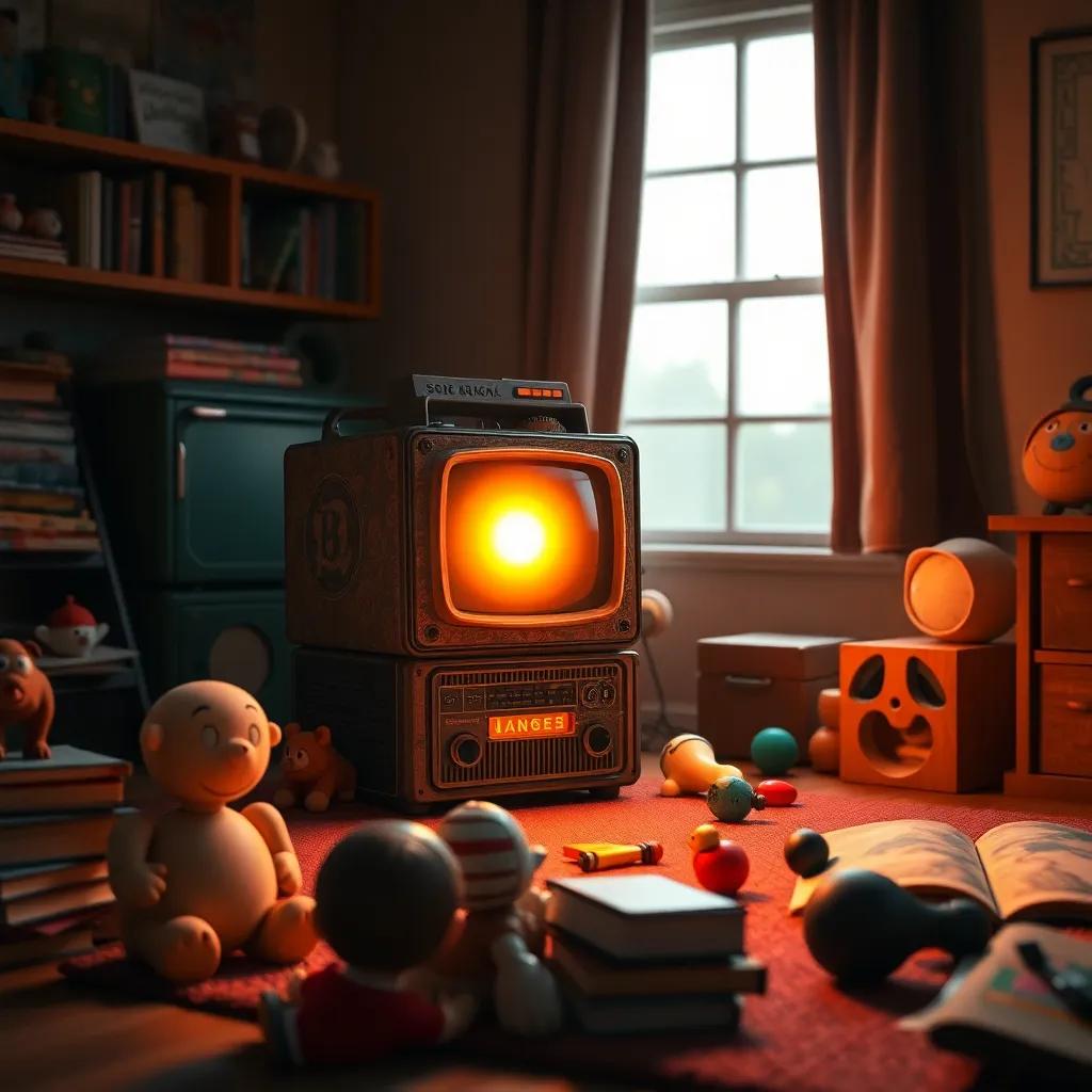 An old electronic device glowing brightly in a cozy room as it comes to life, surrounded by toys and books, with the light casting warm shadows, digital art, playful, magical, child-focused, high quality