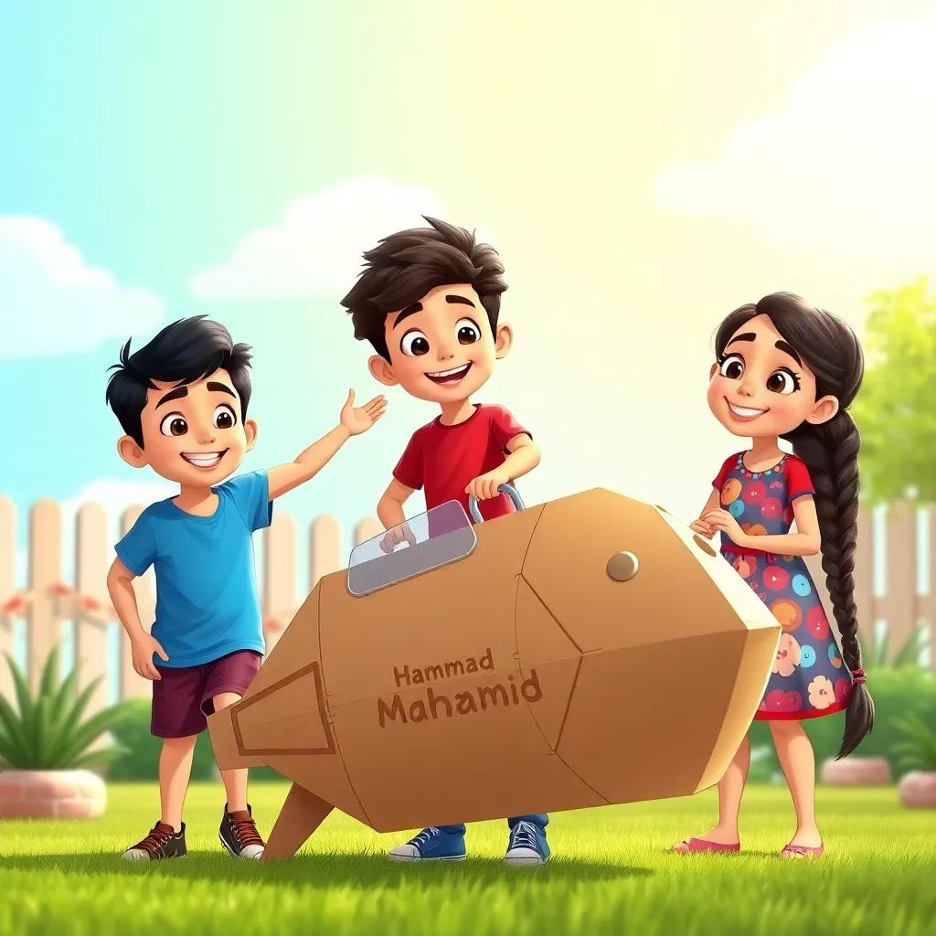 A group of three siblings, an 11-year-old boy named Hammad with short black hair, wearing a blue t-shirt and shorts, a 7-year-old boy named Suhaib with curly hair wearing a red t-shirt and jeans, and a 9-year-old girl named Israa with long hair in a braid wearing a colorful dress, happily playing in their backyard with a cardboard spaceship, bright and sunny day, cheerful atmosphere, vibrant colors, child-friendly, illustration, high quality