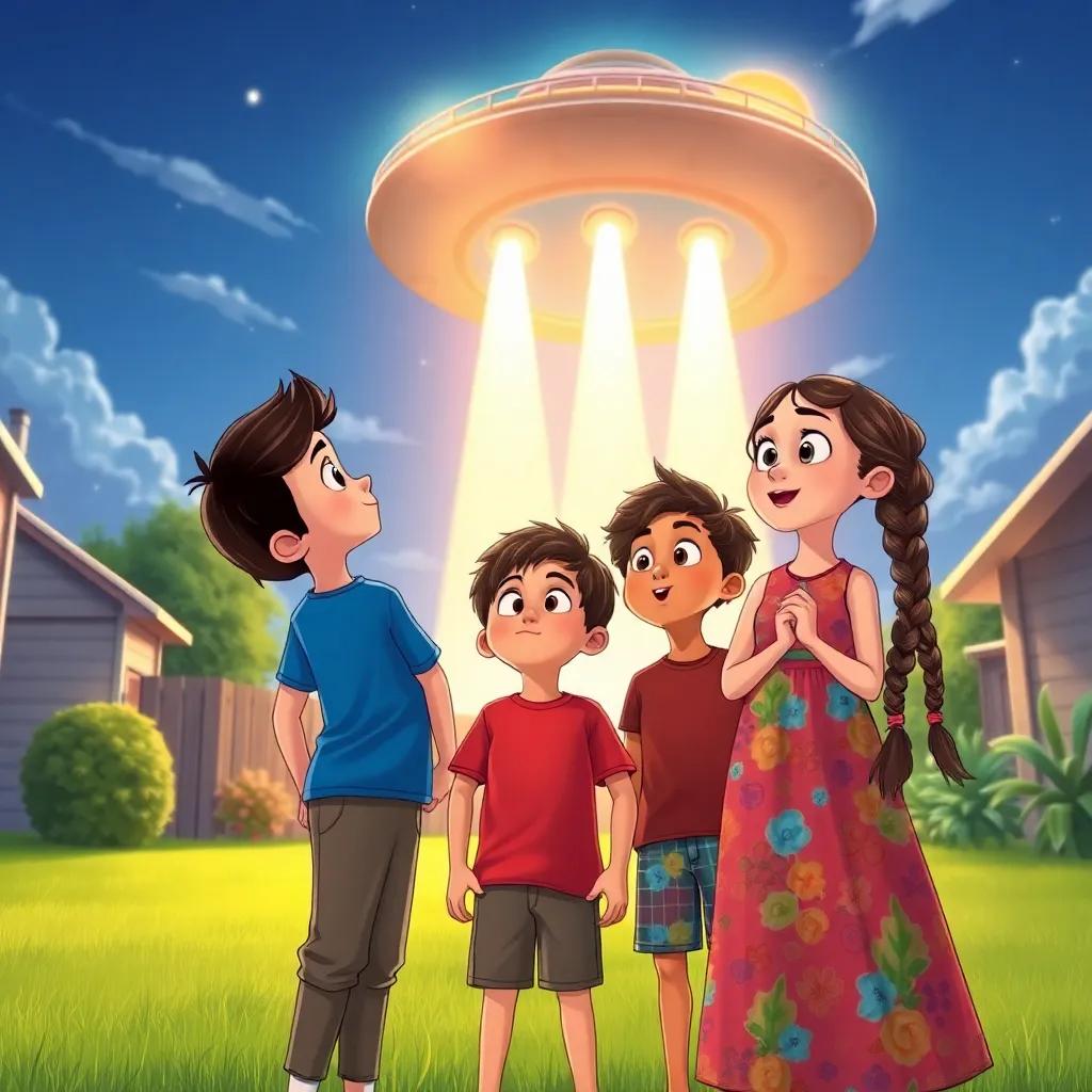 Hammad, an 11-year-old boy with short black hair in a blue t-shirt, Suhaib, a 7-year-old boy with curly hair in a red t-shirt, and Israa, a 9-year-old girl with long hair in a braid in a colorful dress, standing together with surprised faces looking up at a large spaceship descending from the sky in their backyard, amazed expressions, bright and colorful, sci-fi theme, illustration, high quality