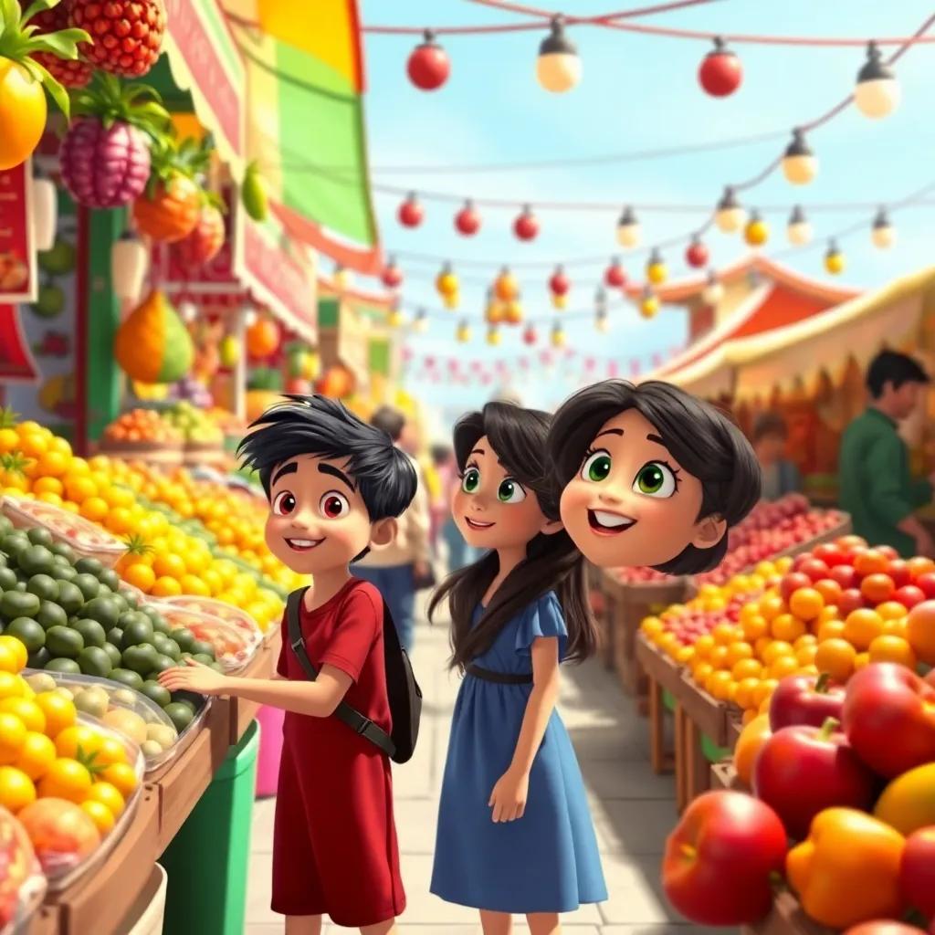 A bustling market scene with vibrant colors and stalls, showcasing various fruits, a young Arab boy, Sami, with short black hair wearing a red shirt, and a young Arab girl, Leila, with long dark hair wearing a blue dress, looking excitedly at a fruit vendor; cheerful atmosphere, colorful, well-lit, dynamic angle, high quality