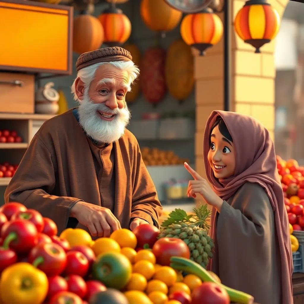 A cheerful fruit vendor, an elderly Arab man with white hair and a traditional brown thawb, standing behind a stall filled with colorful fruits, interacting with Sami and Leila, who are both smiling and pointing at the fruits; warm light, inviting feel, vibrant colors, engaging perspective, high quality