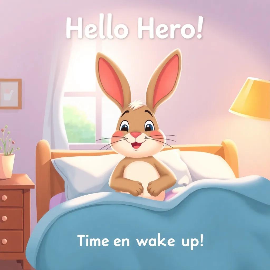 A polite rabbit waking up in a cozy bedroom, saying 'Hello Hero! Time to wake up!', with a bright window, soft sunlight streaming in, cheerful atmosphere, digital art, warm colors, inviting and engaging scene, high quality