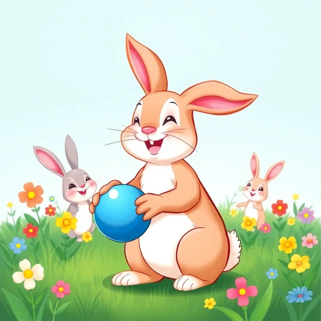 A polite rabbit playing with a blue ball in a green garden, laughing joyfully, surrounded by friends, colorful flowers blooming, under a clear blue sky, vibrant and playful, illustration, cheerful, high quality
