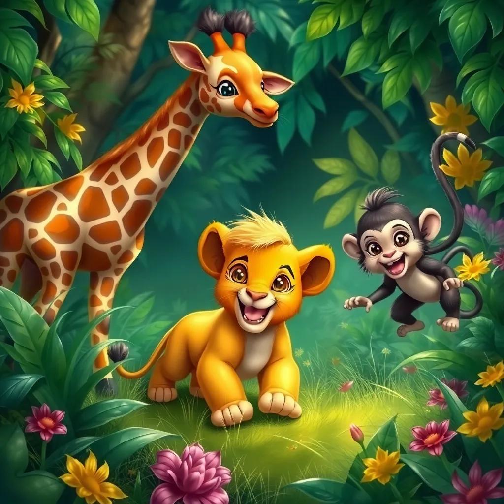 A small lion, Simba, with a golden mane and bright eyes, playing in a lush green jungle with a giraffe named Zora and a monkey named Shouqi, vibrant jungle background, colorful flora, cheerful atmosphere, digital art, detailed, lively scene