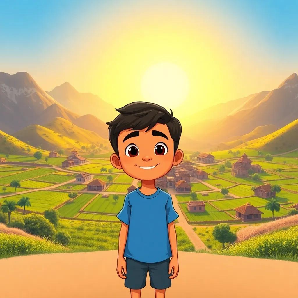 A young Arab boy, Sami, with short black hair, wearing a simple blue shirt and shorts, standing in front of a small village surrounded by green fields and mountains, warm sunlight shining down, cheerful atmosphere, bright colors, detailed illustration