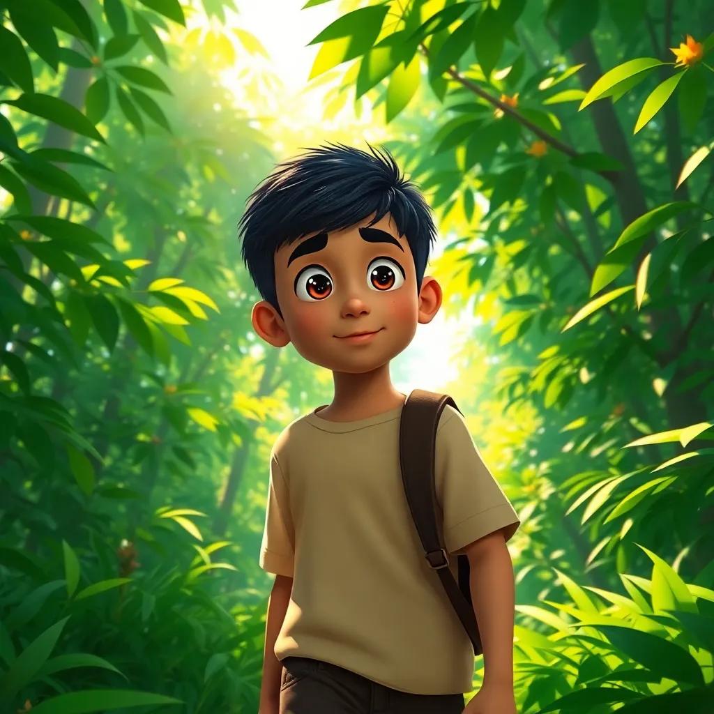 A sunny morning scene with Sami, a young Arab boy with short black hair, walking into a lush green forest, sunlight filtering through the leaves, exploring the wonders of nature, adventure-themed, colorful, engaging perspective