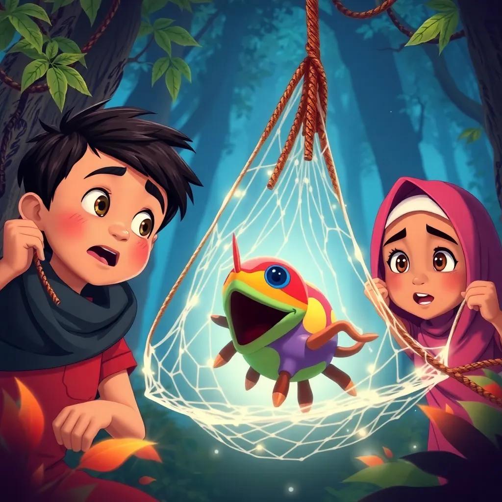 Sami, a young Arab boy with short black hair, alongside his friends Laila and Ali, discovering a large, colorful creature caught in a net, expressions of surprise and determination, magical forest setting, vibrant colors, illustrative style