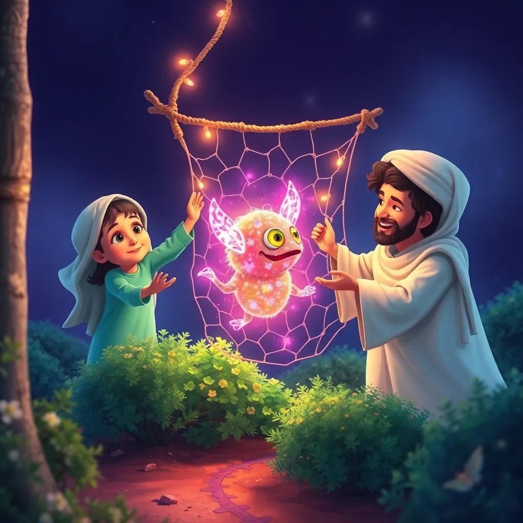 Sami, Laila, and Ali working together to free the magical creature from the net, the creature with bright, shimmering colors, showcasing teamwork and bravery, surrounded by magical light and bushes, heartwarming scene, visually rich, engaging illustration