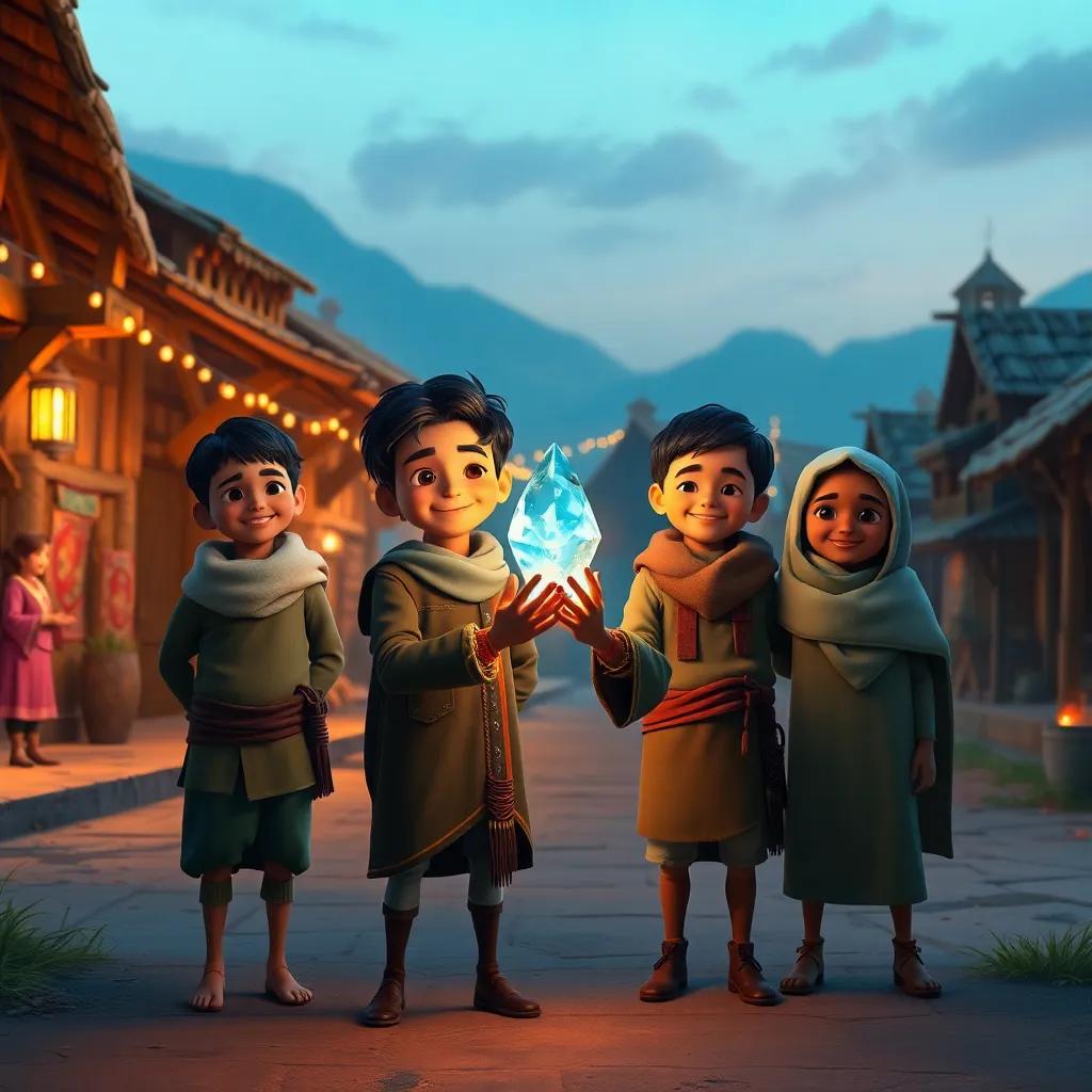Sami and his friends standing proudly in their village with a glowing crystal in their hands, the village celebrating their bravery, evening light, warm tones, joyful faces, detailed and uplifting, cohesive scene