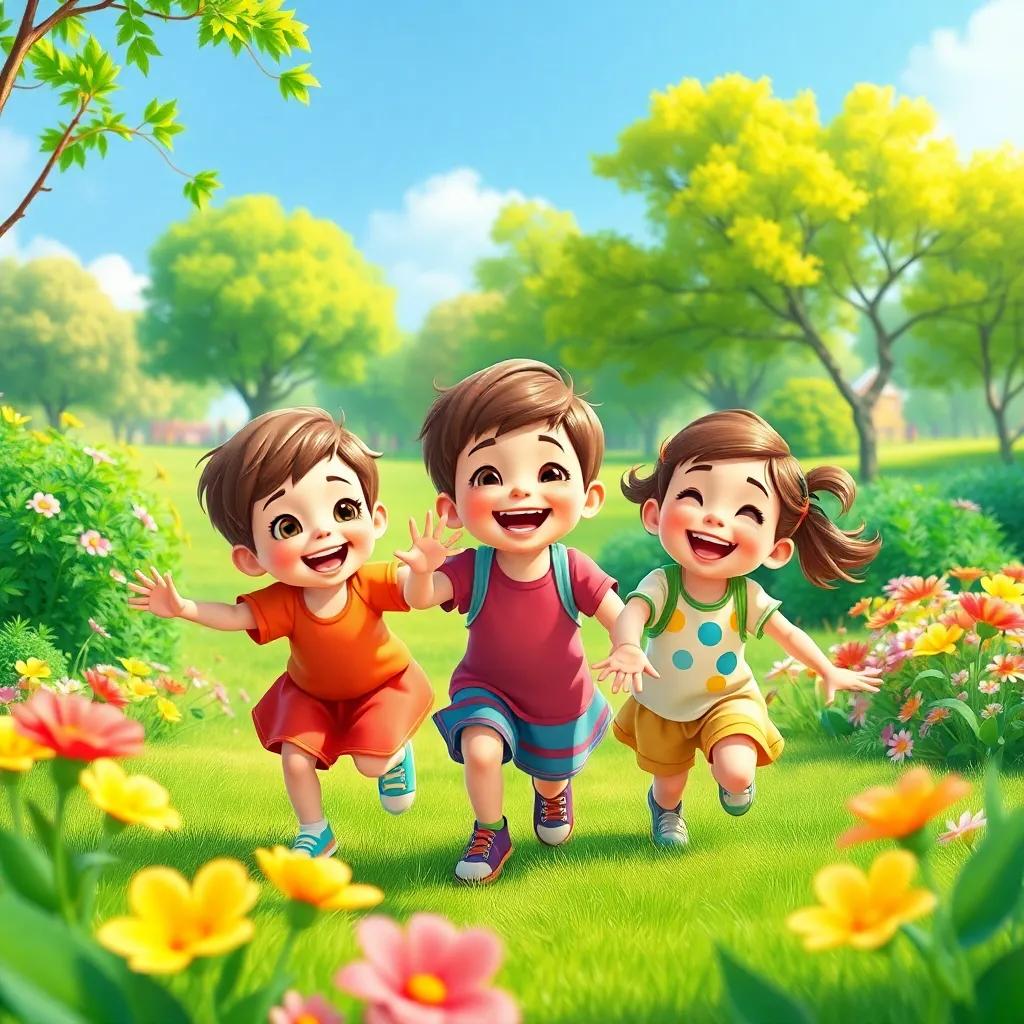 Three children playing in a vibrant green park, with flowers and trees around them, joyful expressions, colorful clothes, sunny day, cheerful atmosphere, digital art, bright colors, high quality