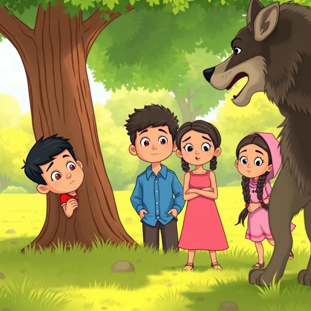 Three children, Ahmed, a young Arab boy with short black hair in a red t-shirt, Ali, a young Arab boy with curly hair in a blue shirt, and Leila, a young Arab girl with braided hair in a pink dress, peeking from behind a large tree in a sunny park, looking startled while hiding from a wolf, illustration, colorful, whimsical, child-friendly, high quality