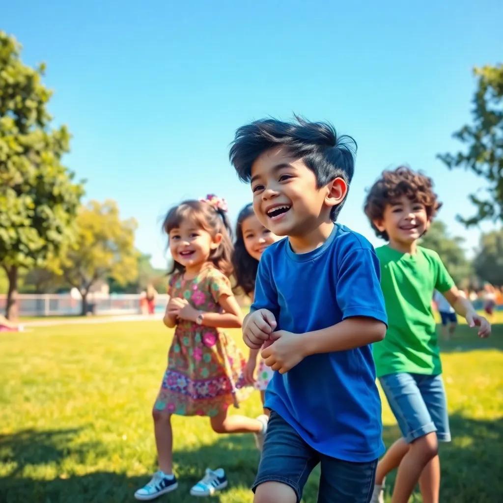 A sunny park scene with children playing, a boy named Ali with dark hair wearing a blue shirt, two girls, Leila and Sara, in colorful dresses, and a boy named Hassam with curly hair in green t-shirt, all laughing and playing under a clear blue sky, vibrant colors, cheerful atmosphere, high quality