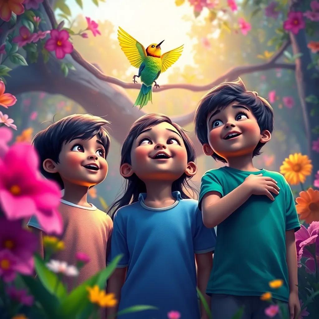 A colorful bird singing in a tree above a group of children, Ali with dark hair in a blue shirt, Leila in a pink dress, and Hassam in a green t-shirt, looking up with wide eyes, surrounded by colorful flowers and greenery, bright colors, joyful mood, high quality