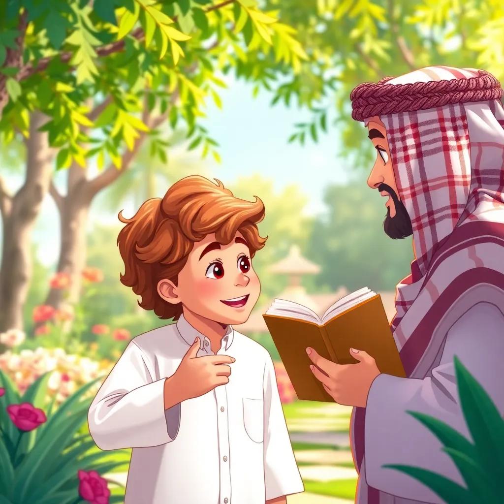 A young Arab boy, Ali, with wavy brown hair in a white shirt, animatedly telling a story to his friend Sami in a beautiful garden, vibrant colors, lively scene, storytelling illustration, high quality