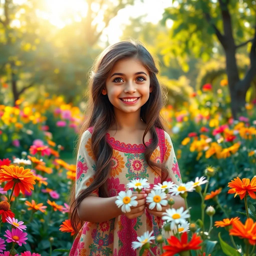 A cheerful young Arabic princess, Mila, with long brown hair, wearing a colorful dress, happily picking flowers in a vibrant flower garden, sunlight filtering through trees, bright colors, joyful atmosphere, detailed digital art