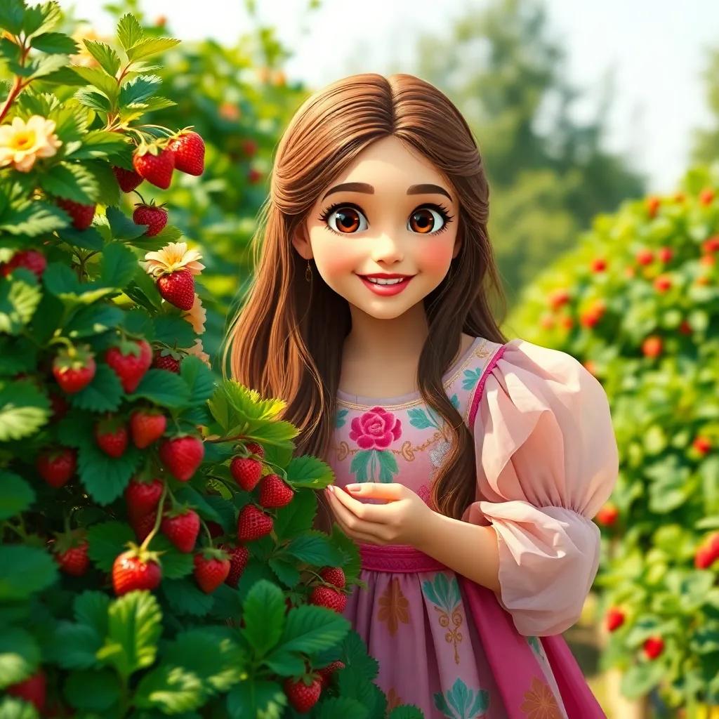 A young Arabic princess, Mila, with long brown hair, wearing a colorful dress, excitedly picking ripe strawberries from green bushes in a sunny garden, beautiful and fresh, cheerful vibe, whimsical illustration