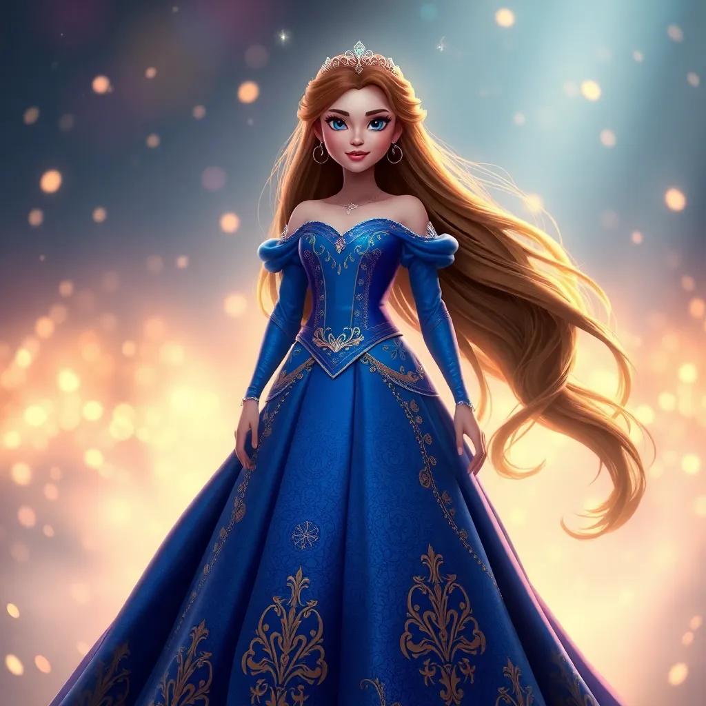 A noble princess, Hailana, with long flowing hair, wearing a royal blue gown adorned with golden embroidery, standing in a dream-like setting surrounded by soft, glowing lights, digital art, enchanting colors, magical atmosphere, high quality