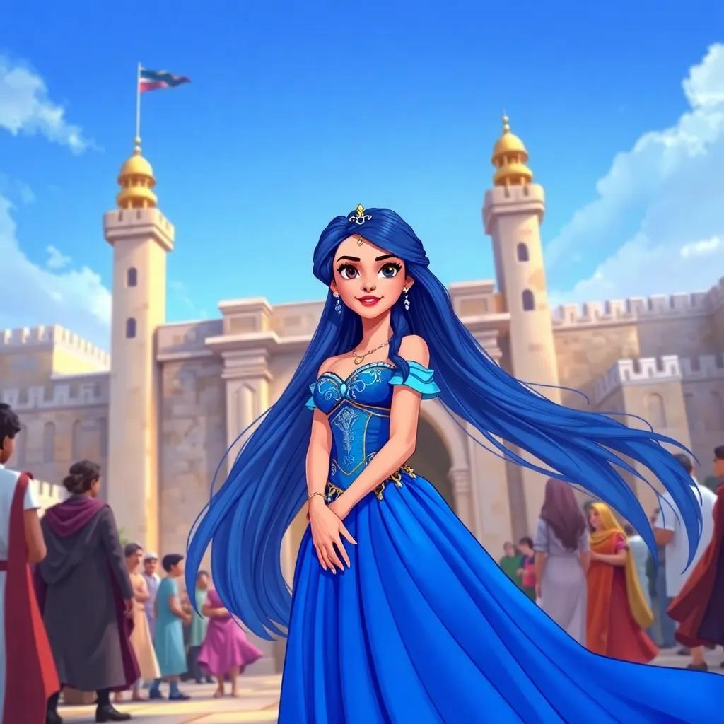 A beautiful princess, Hailana, with long flowing hair, wearing a royal blue gown, standing in front of ancient Jerusalem gates, vibrant and lively, surrounded by people, depicting her eagerness and determination, illustration, colorful, cheerful, high quality