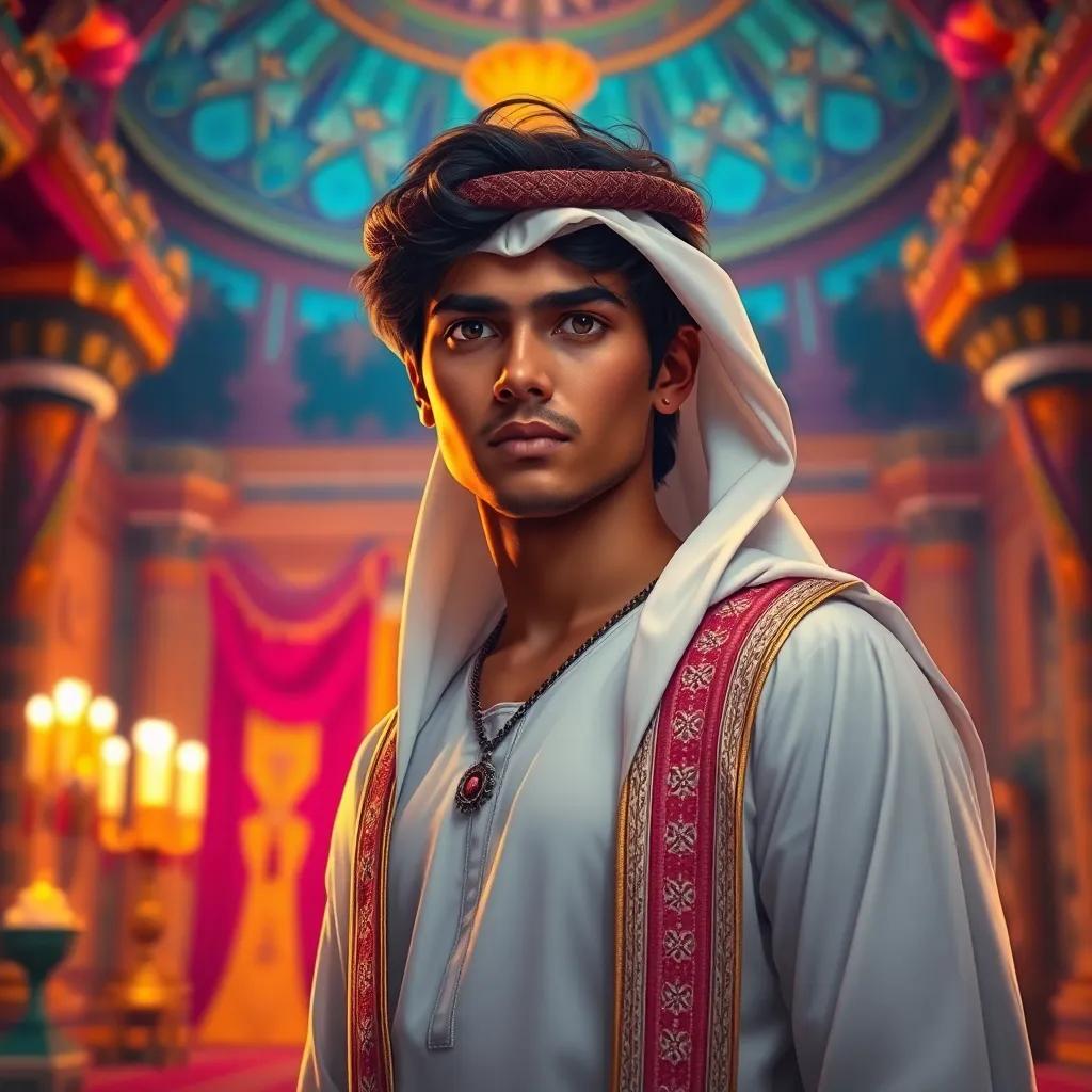 A young Arab prince, Abdelkader, with dark hair wearing a traditional white dishdasha, standing confidently in a royal palace surrounded by colorful decorations, looking determined and brave, digital art, vibrant colors, warm and inviting atmosphere, high quality