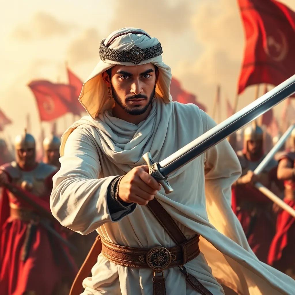Abdelkader, a young Arab prince, in traditional white dishdasha, holding a shining sword during a battle, with soldiers behind him ready to fight, intense action scene, rich colors, heroic perspective, high quality
