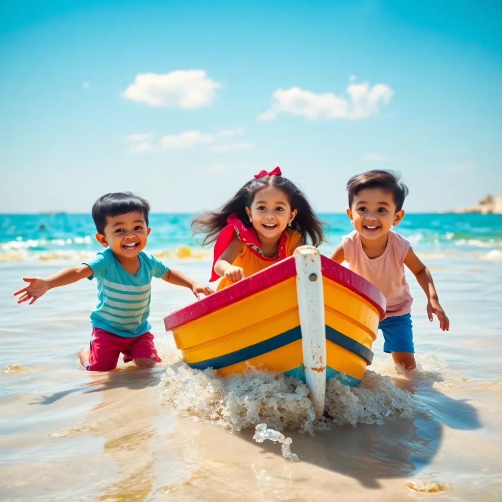 A bright sunny day at the beach, three kids, Ali, Fatima, and Salem, excitedly gathering around a small colorful boat, digital art, vibrant colors, cheerful atmosphere, high quality