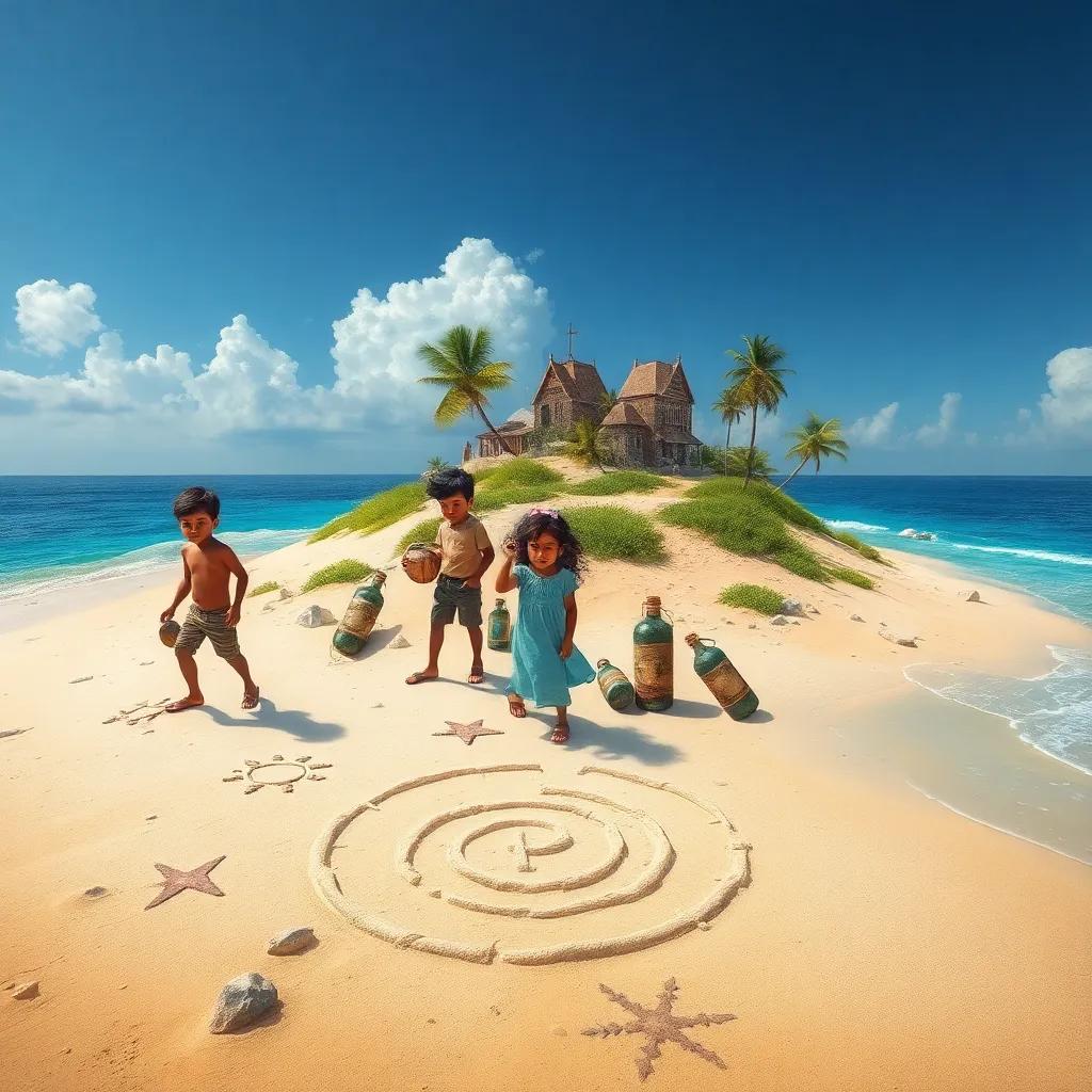 A small island with strange symbols in the sand, three kids, Ali, Fatima, and Salem, exploring the shoreline with old bottles containing mysterious maps, adventurous theme, bright colors, engaging scene, high quality