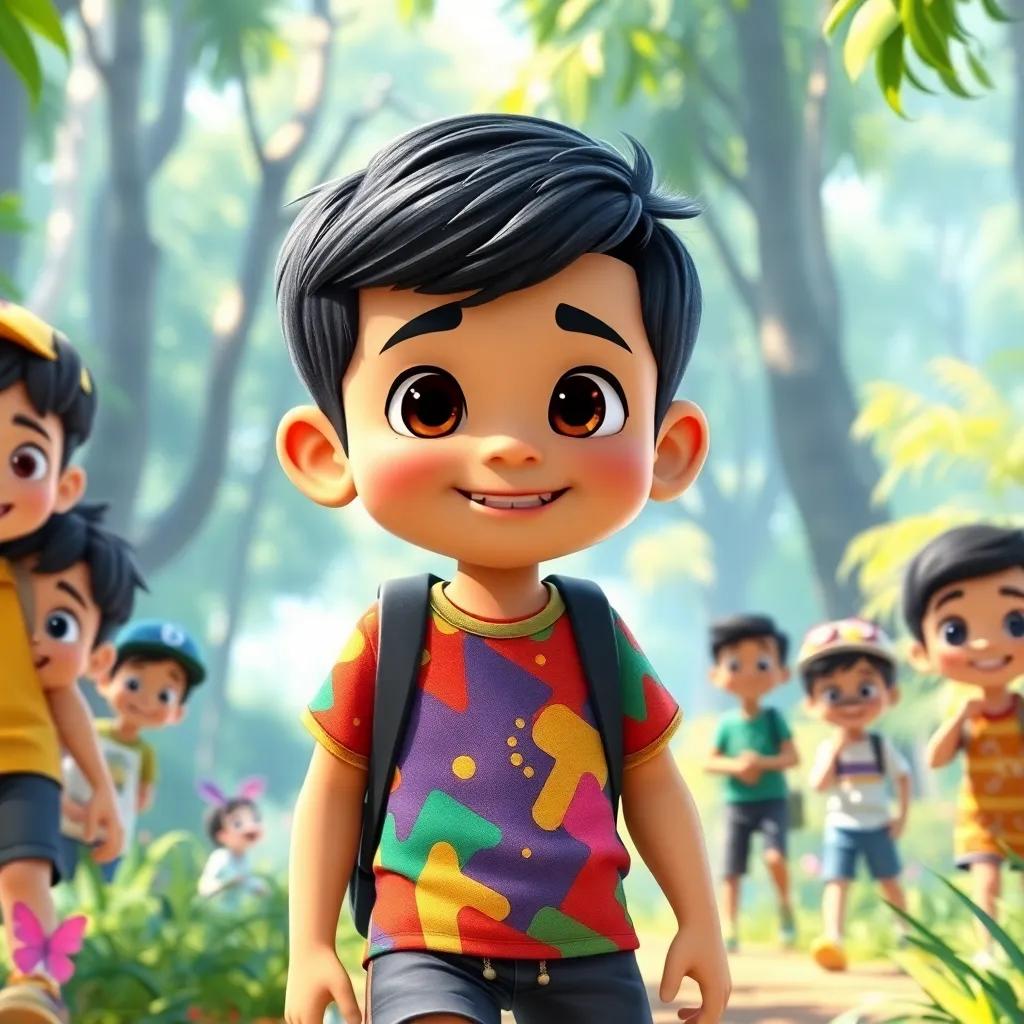 A young Arab boy, Amr, with short black hair, wearing a colorful t-shirt and shorts, looking excited about his adventure, surrounded by friends, in a bright forest, cheerful atmosphere, vibrant colors, child-friendly, exploring nature.