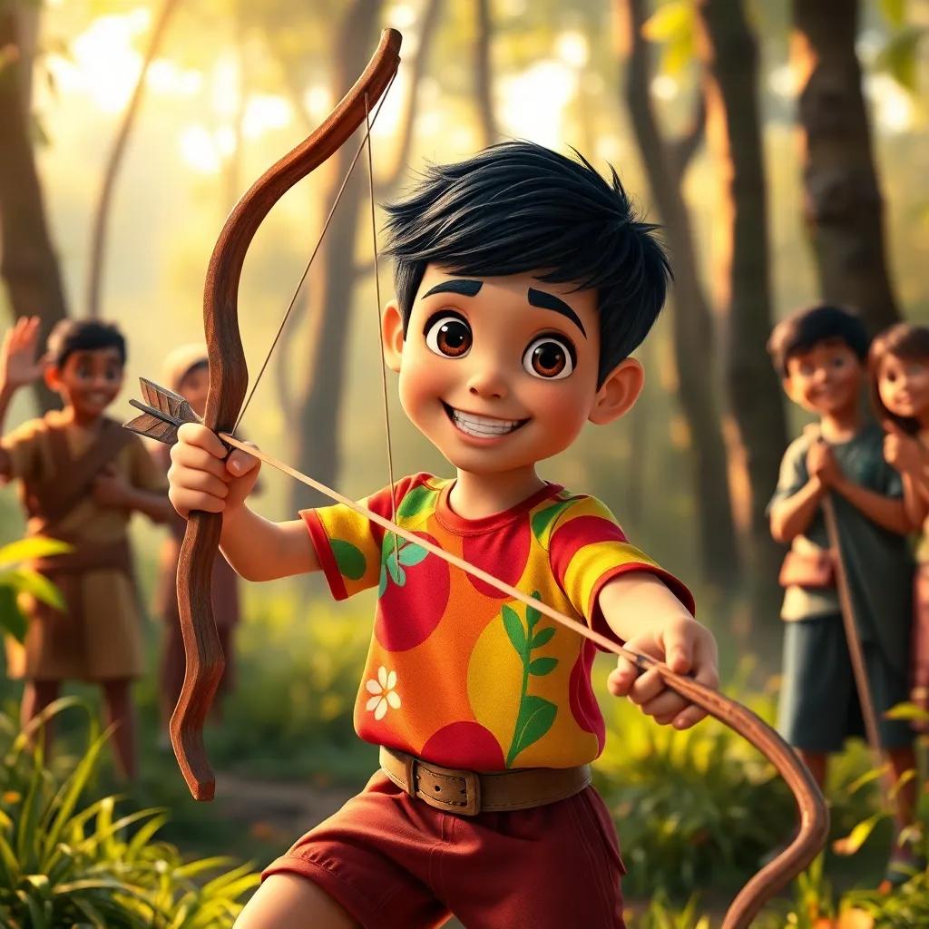 Amr, a young Arab boy, with short black hair in a colorful t-shirt and shorts, holding an old bow and arrow in the forest, friends cheering him on, joyful and adventurous scene, warm light, colorful and inviting, storytelling view.