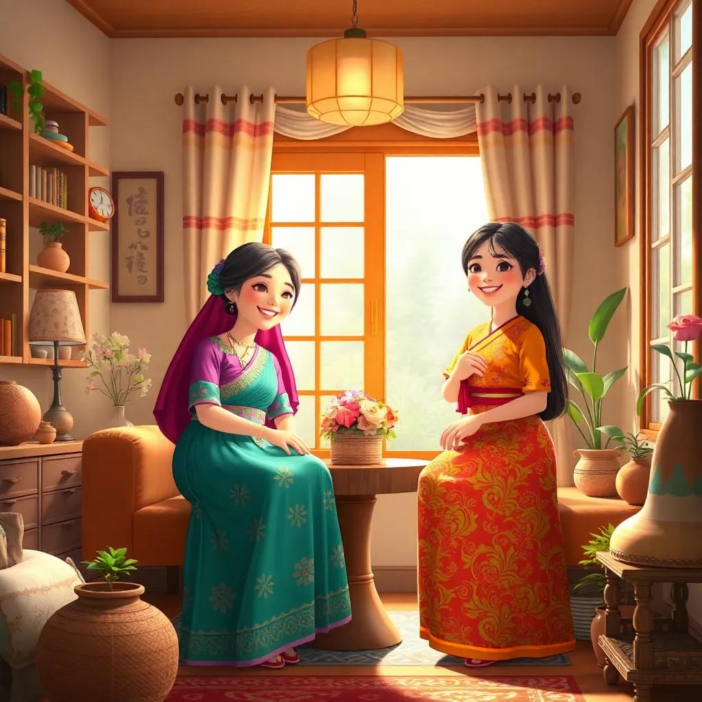 四个女孩, شمس وسنا ونور وضحى, wearing colorful traditional dresses, happily arranging their home with creativity, soft light, warm colors, inviting atmosphere, detailed digital art, joyful spirit