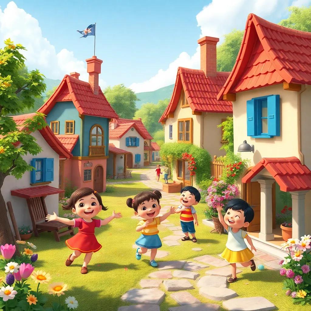 A small village with joyful children playing around, beautifully colorful landscape, cute details like flowers and trees, cheerful and vibrant atmosphere