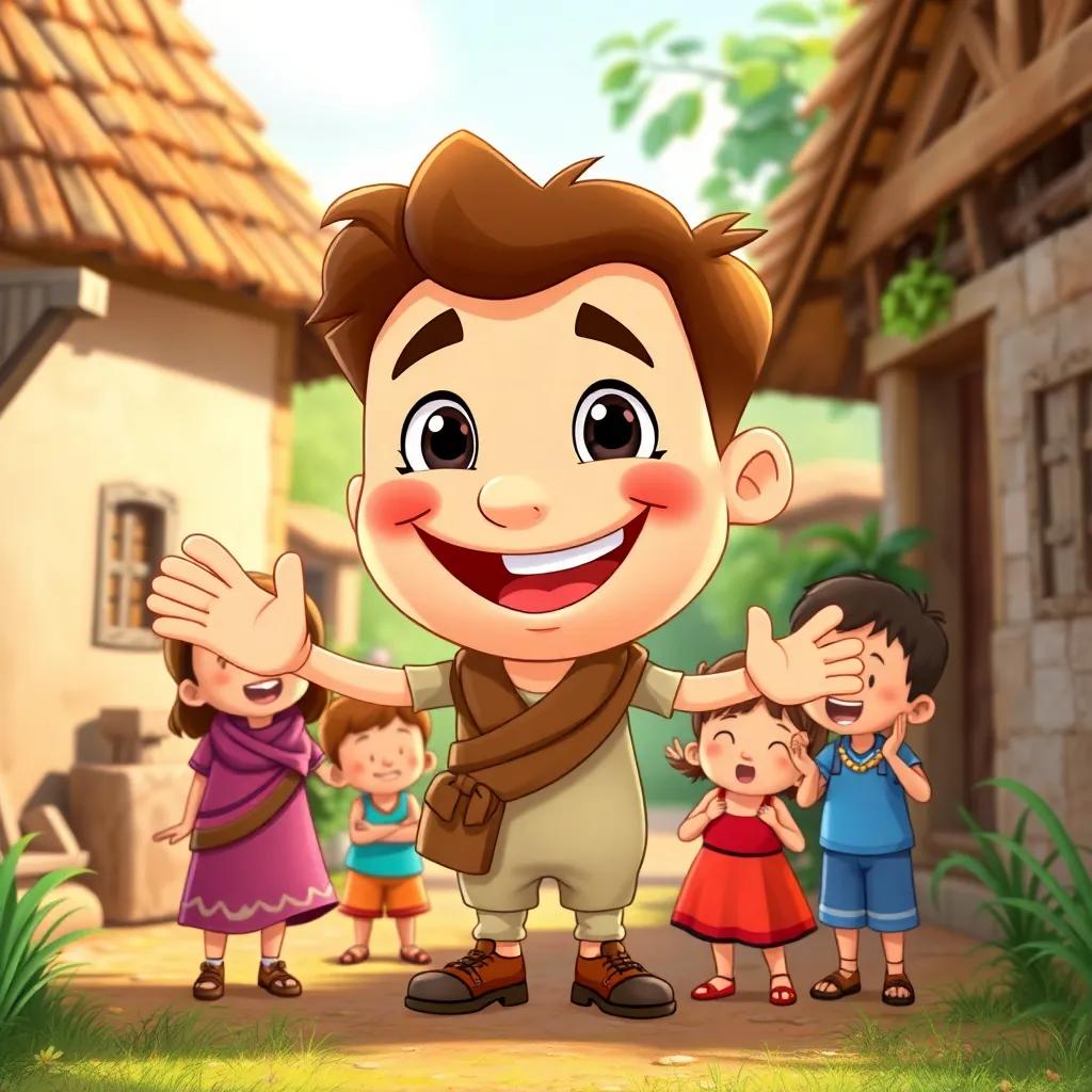 Illustration of a personified noun sentence with a big smile, greeting children in the village, friendly and inviting, cartoonish style