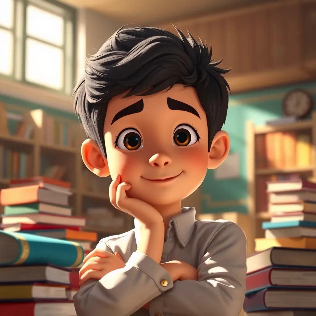 A boy named Sami with a happy face, thinking deeply while surrounded by books, school setting, warm light, engaging depiction