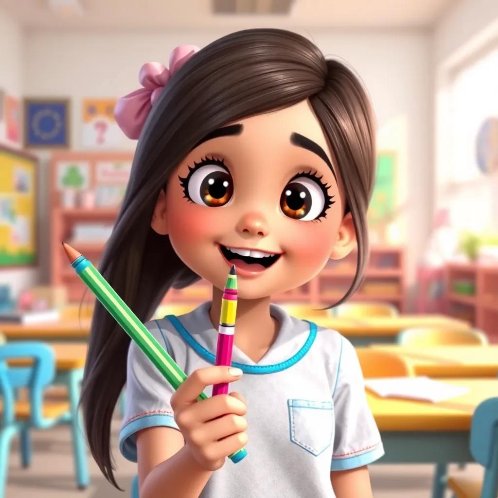 A girl named Leila holding a colorful pen, showing excitement in her expression, bright school classroom, lively and fun atmosphere