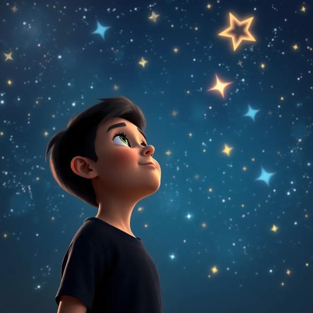 A boy named Ahmed looking up at beautiful stars in the night sky, full of wonder, artistic view of the stars, magical feel