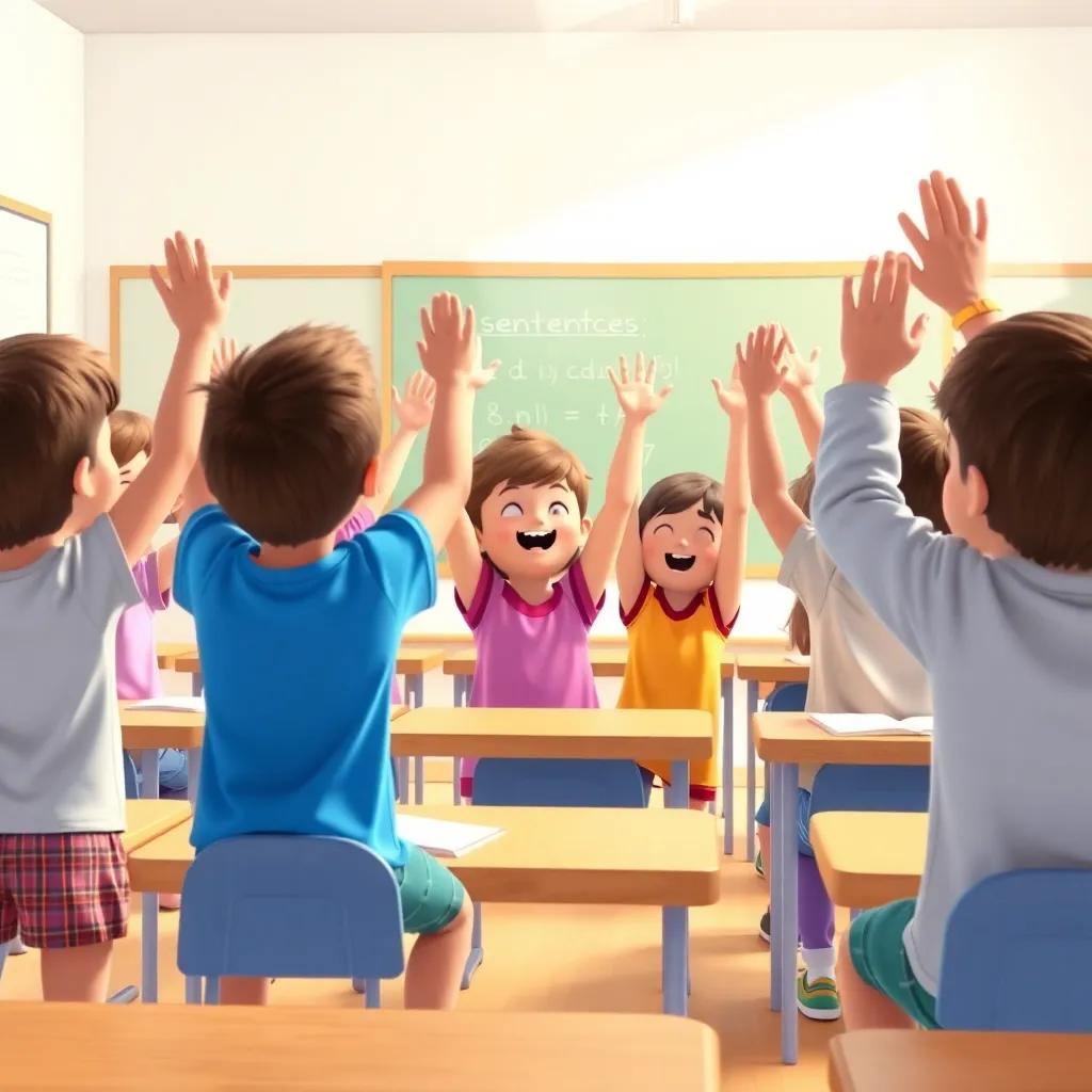 Kids gathered in a classroom, eagerly raising hands, engaged and working on sentences together, bright and positive environment