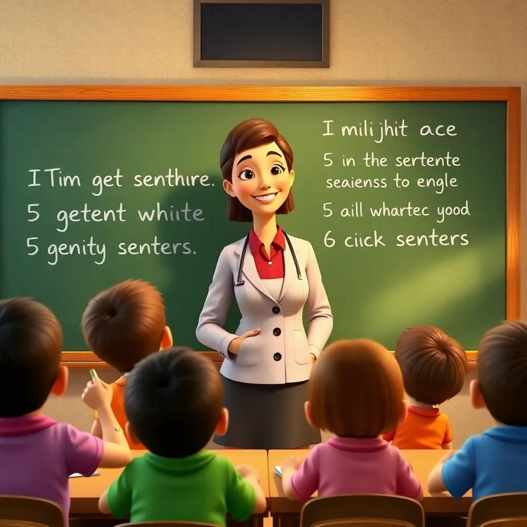 A teacher with a smile, standing in front of a chalkboard, guiding enthusiastic children on writing sentences, warm and inviting classroom